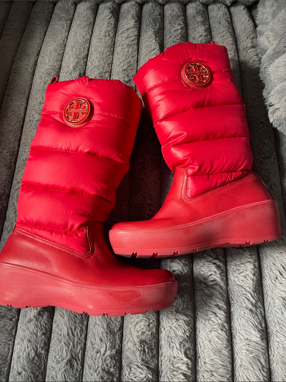 Tory Burch Bright Red Puffer Winter Boots with Logo Medallion